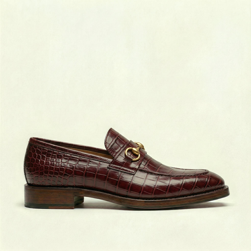 Burgundy Croc Print Leather Lucente Horse Bit Loafer