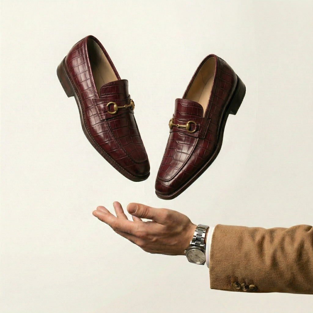 Burgundy Croc Print Leather Lucente Horse Bit Loafer