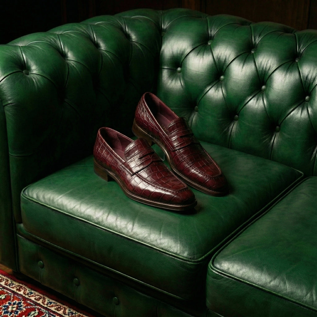 Burgundy Croc Print Leather Lucente Penny Loafer Shoes