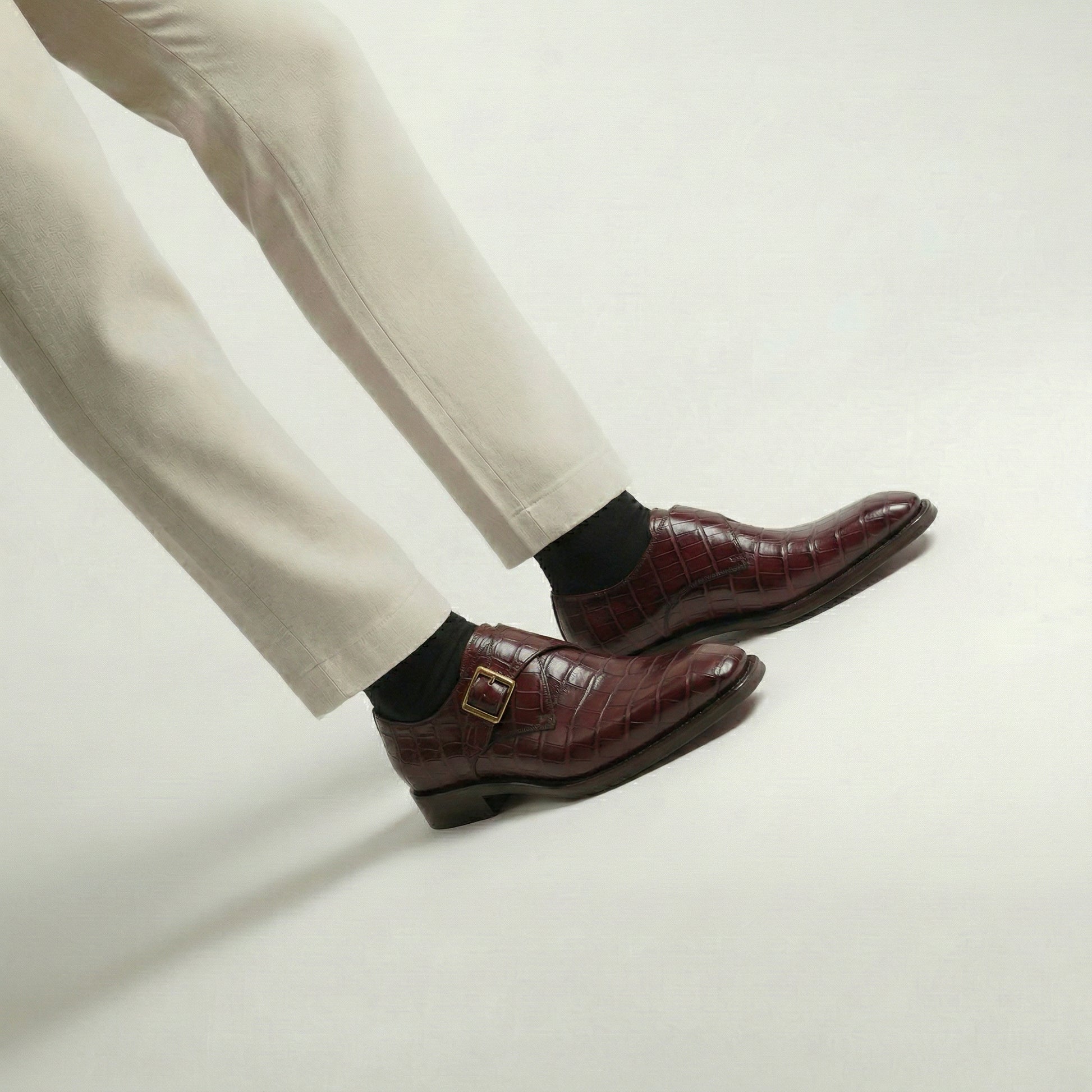 Burgundy Croc Print Leather Lucente Single Monk Strap Shoes