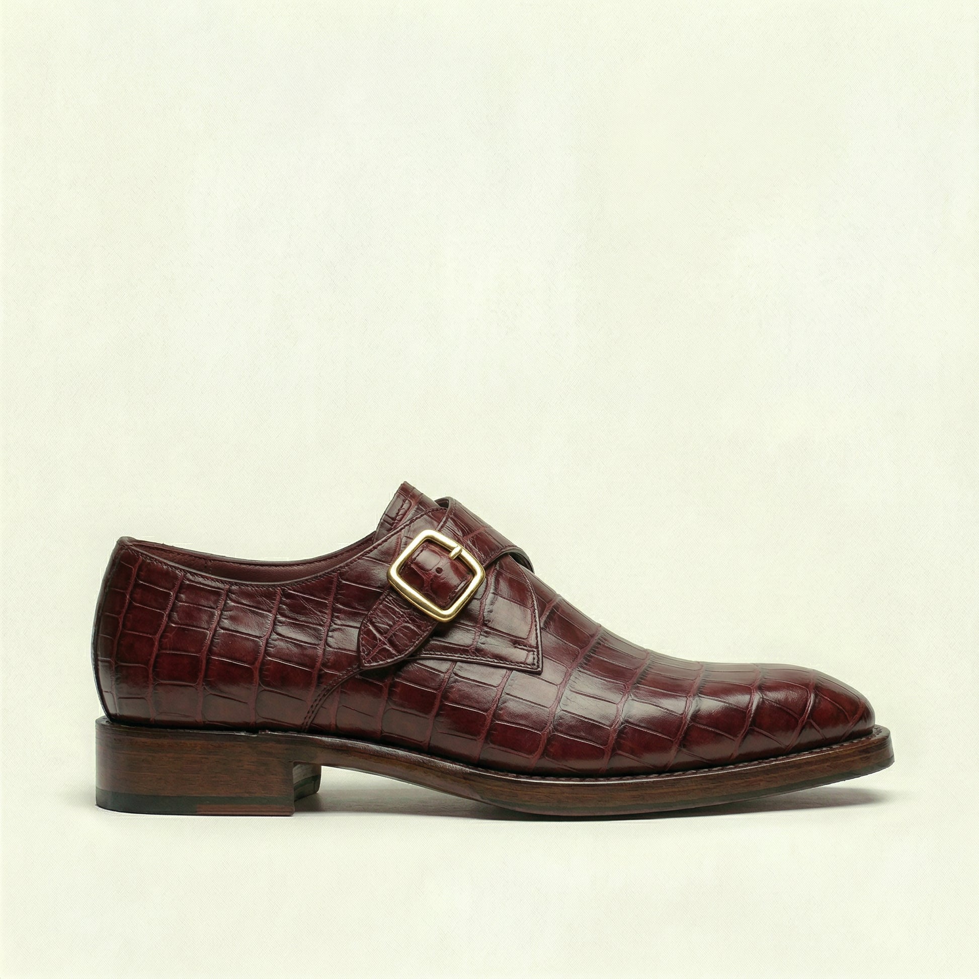Burgundy Croc Print Leather Lucente Single Monk Strap Shoes
