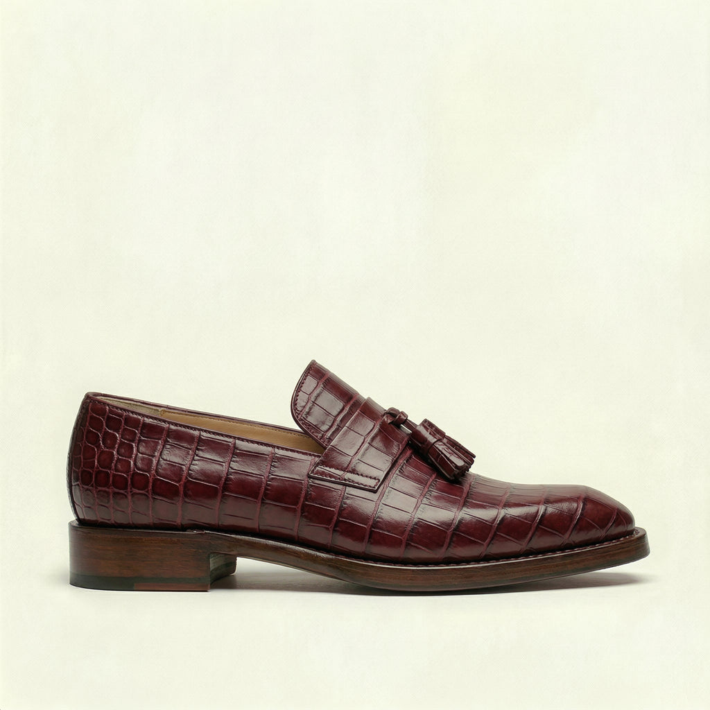 Burgundy Croc Print Leather Lucente Tassel Loafers