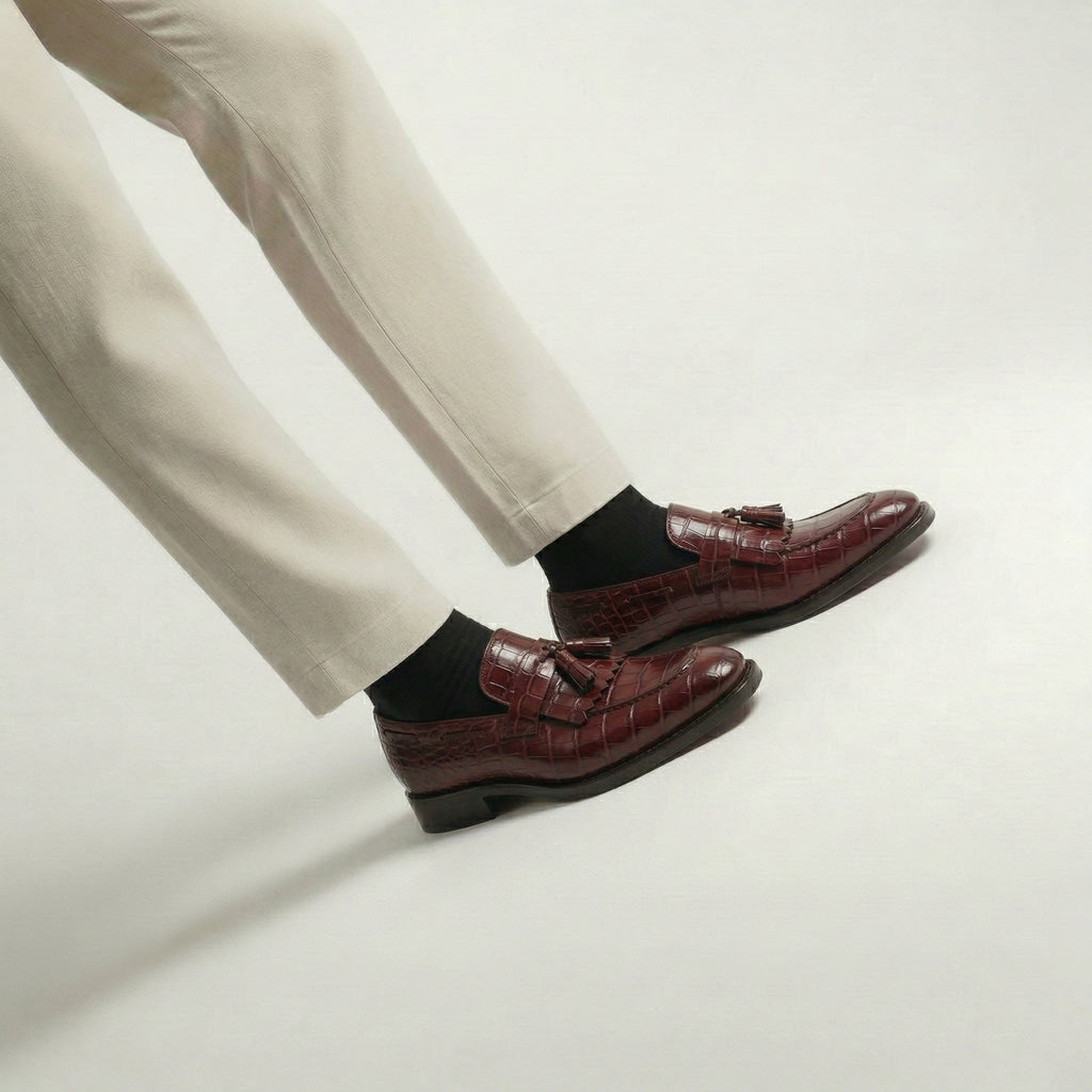 Burgundy Croc Print Leather Lucente Tassel Loafers