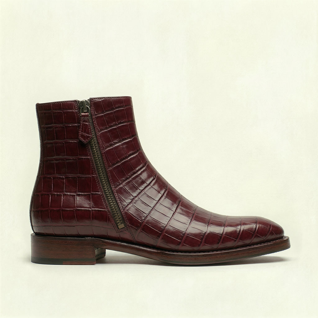 Burgundy Croc Print Leather Lucente Zipper Boots
