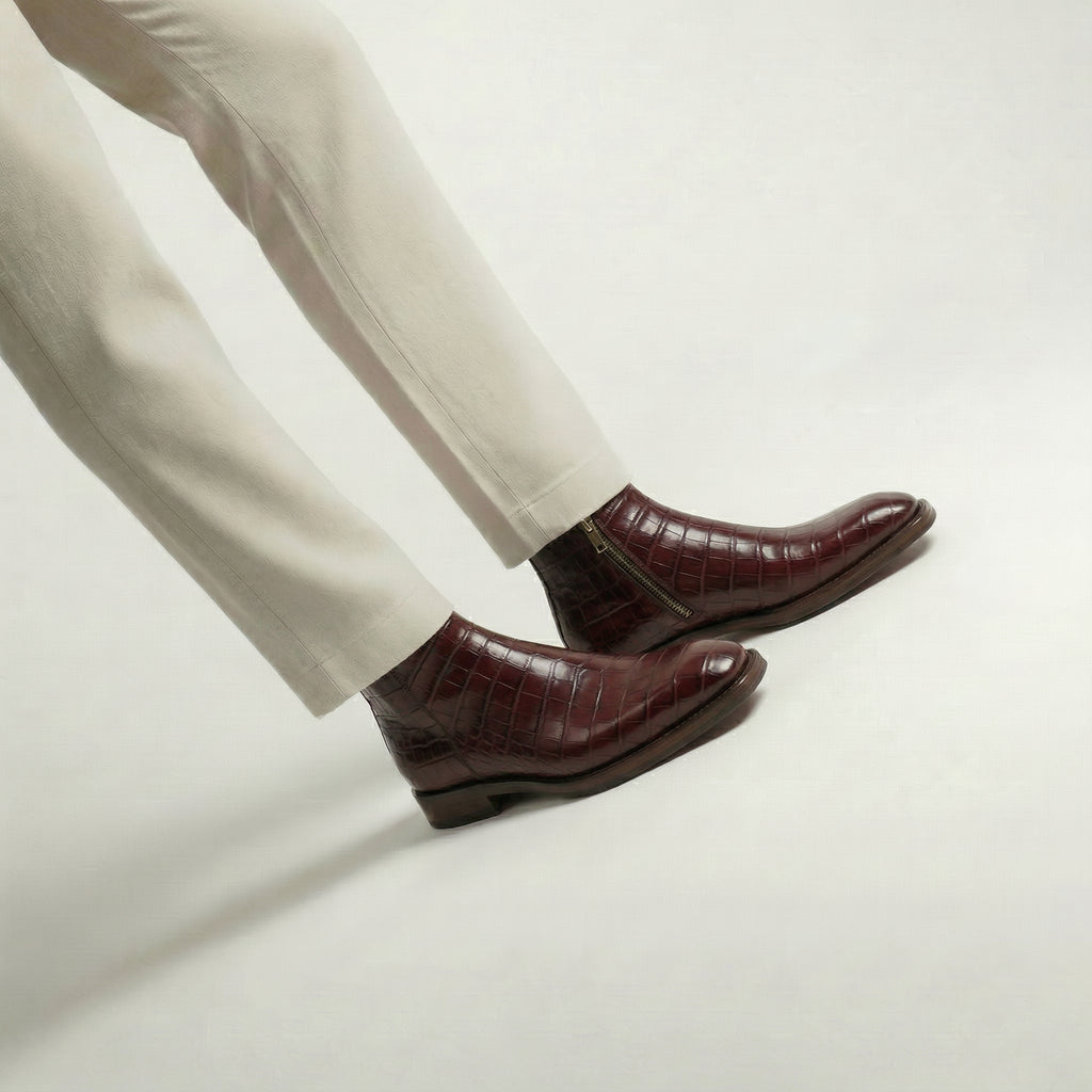 Burgundy Croc Print Leather Lucente Zipper Boots