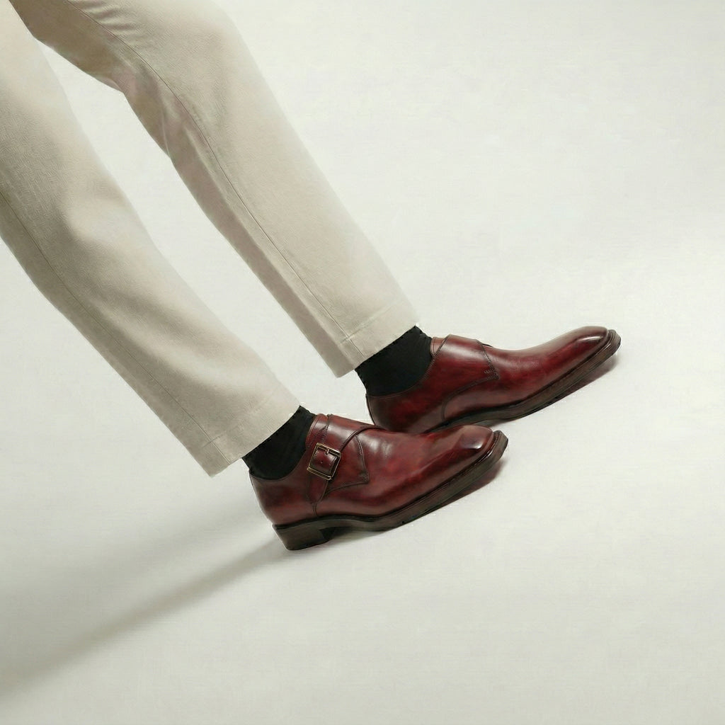Burgundy Leather Lucente Single Monk Strap Shoes