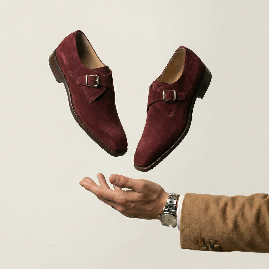 Burgundy Suede Lucente Single Monk Strap Shoes
