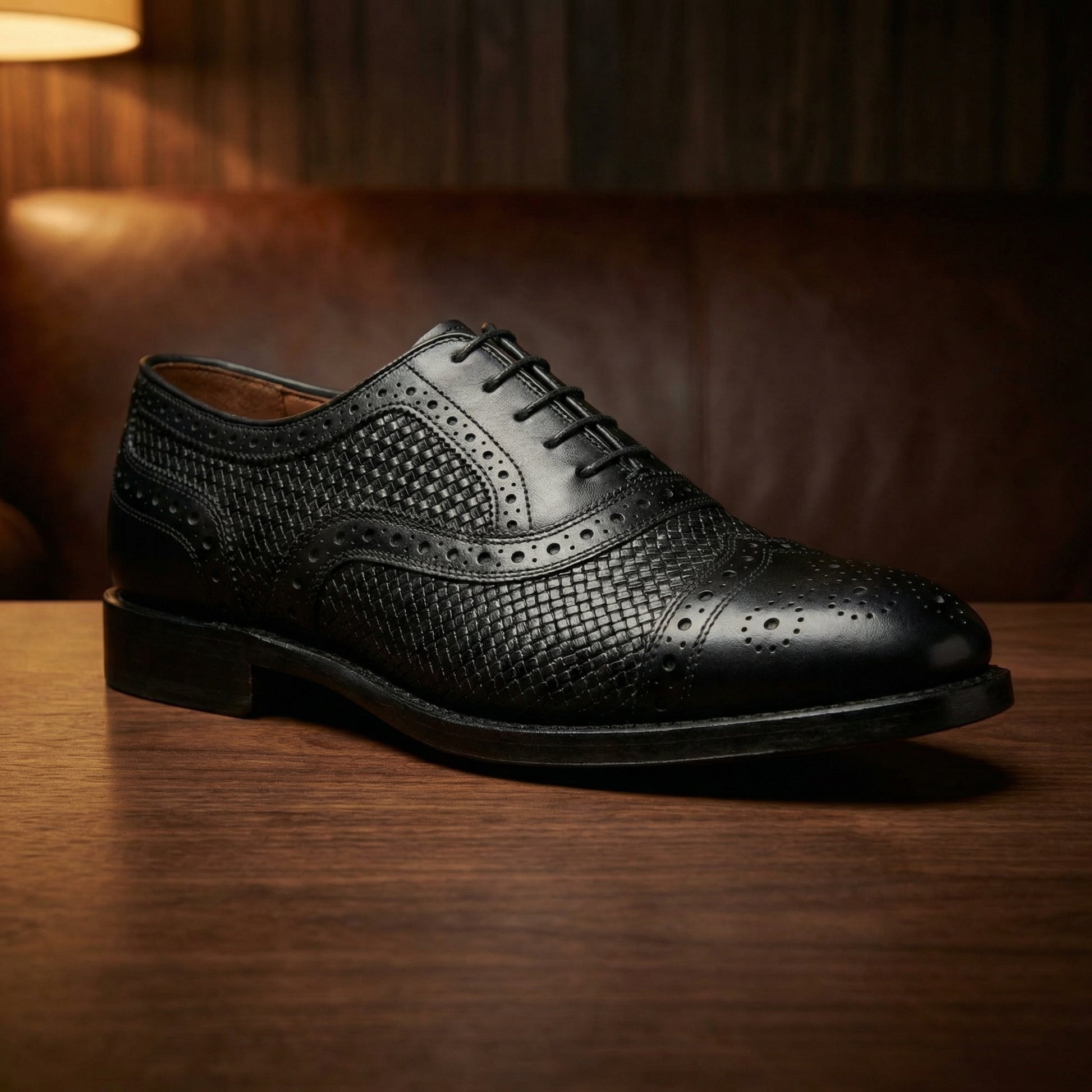 Height Increasing Black Braided Leather Morice Brogue Oxfords