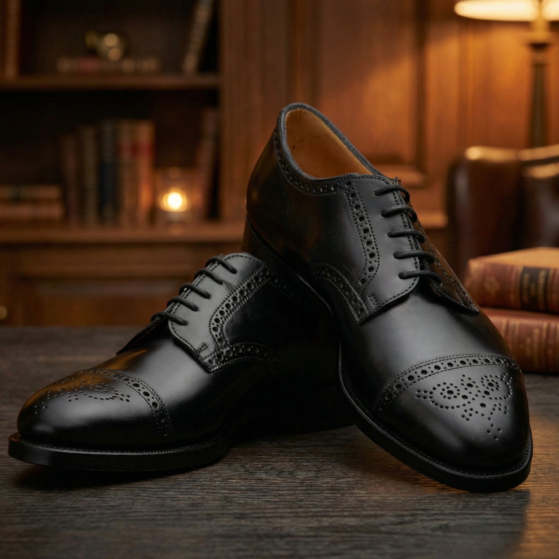 Height Increasing Black Leather Friars Brogue Derby Shoes
