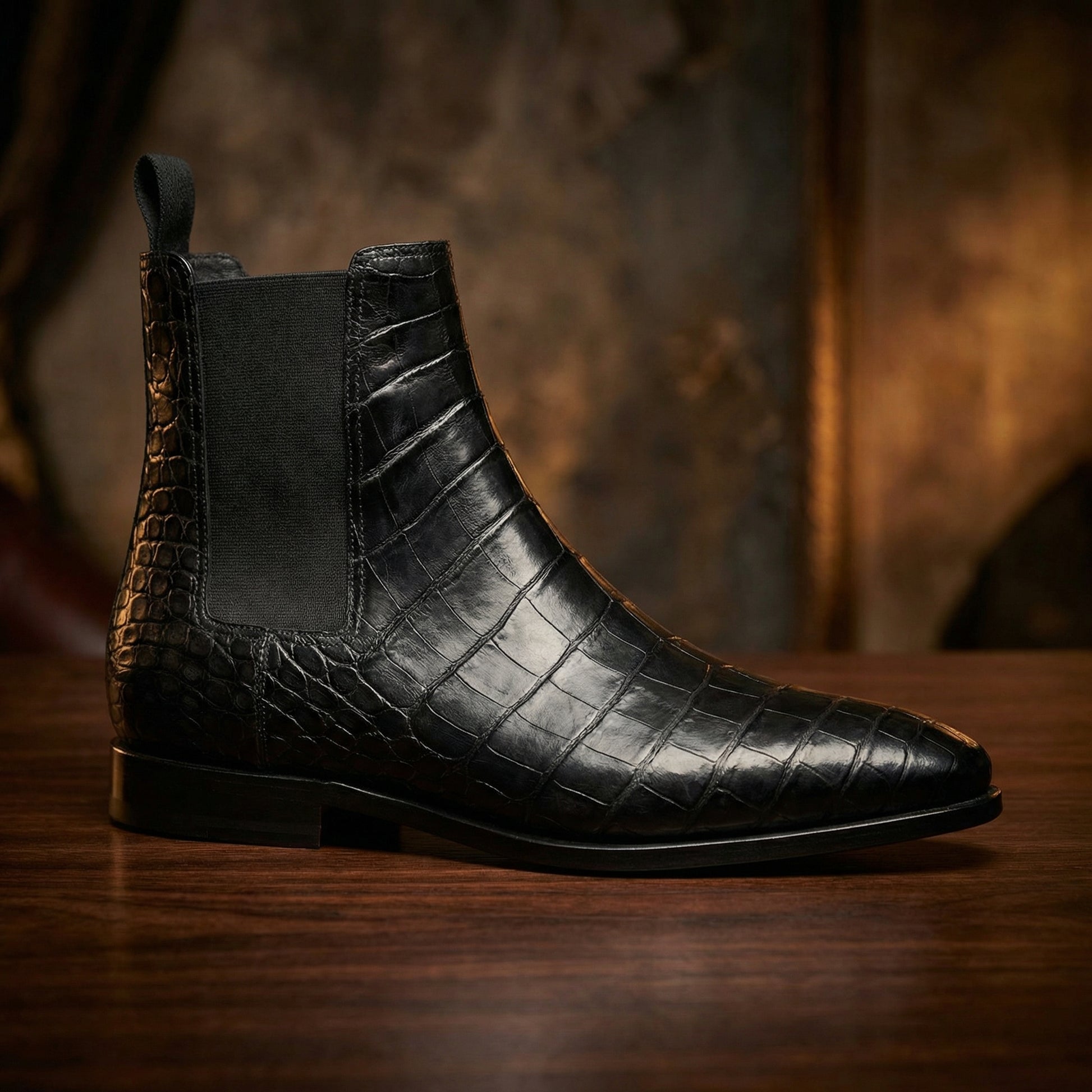 Black Alligator Textured Leather Evington Chelsea Slip On Boots