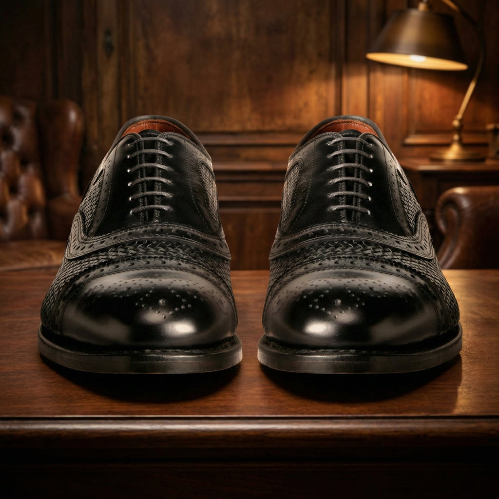 Height Increasing Black Braided Leather Morice Brogue Oxfords