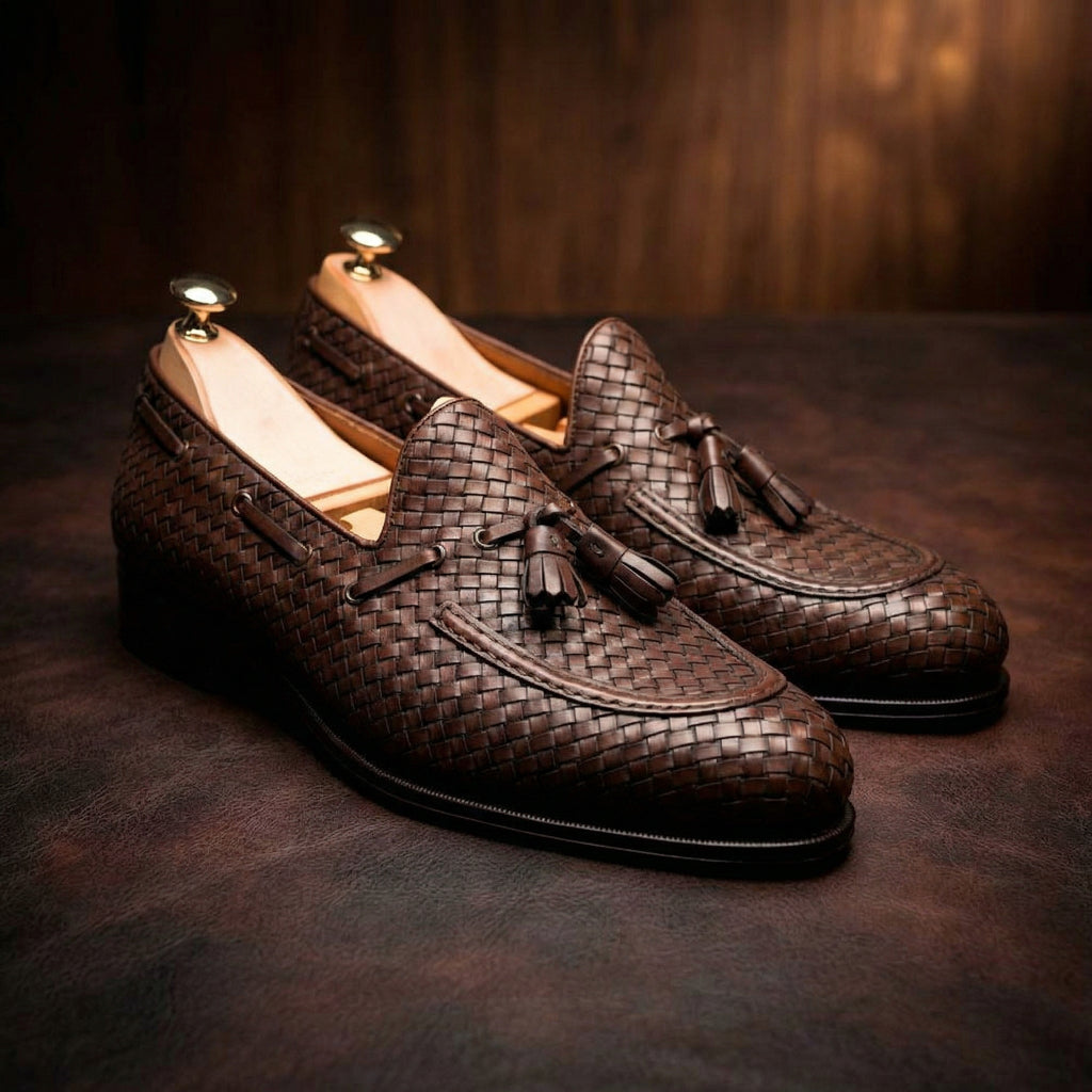 Brown Hand Woven Braided Leather Acton Tassel Loafers -  Casual Shoes Collection