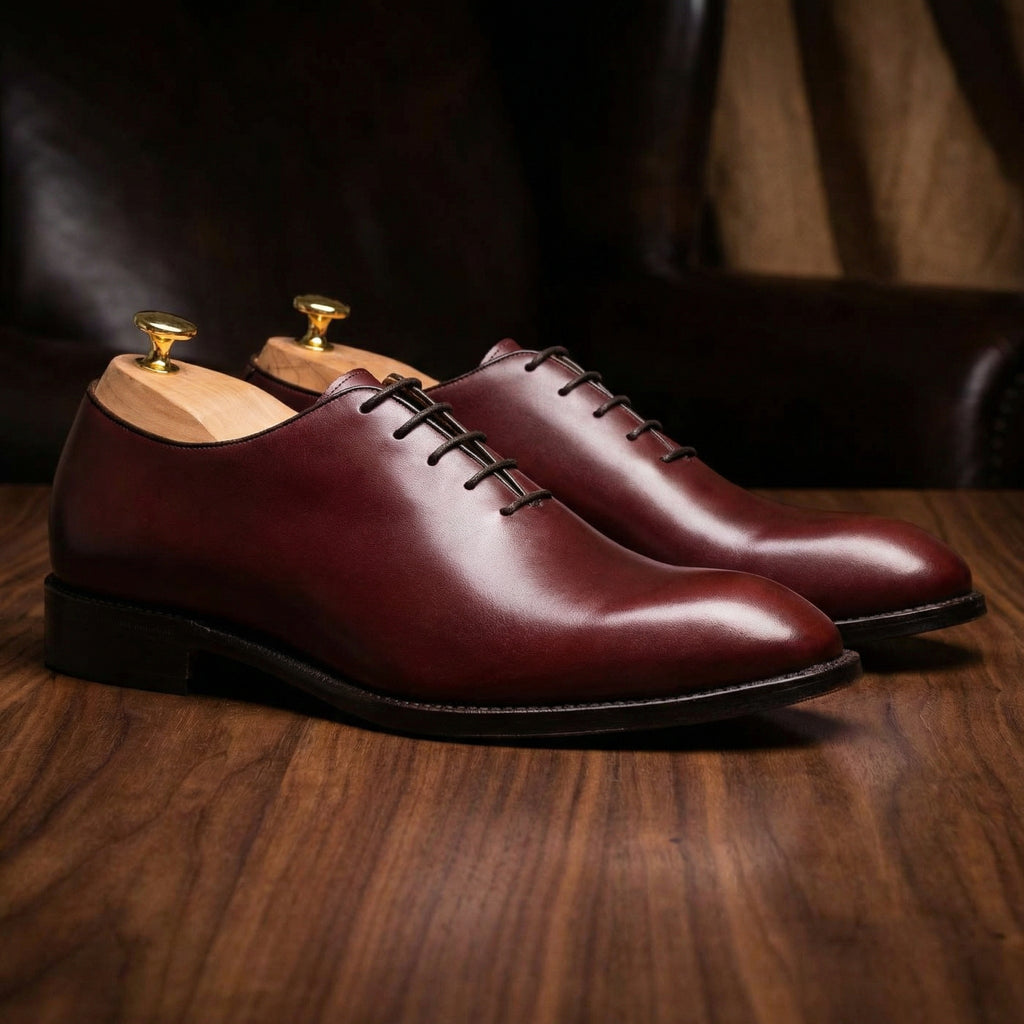 Luxury Edition - Artisian Made Cherry Brown Italian Leather Drayton One Cut Oxfords - Formal Shoes
