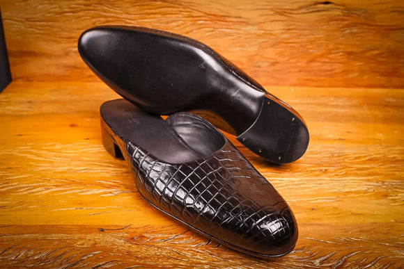 Black Leather With  Animal Croc Alligator Print  Celeste Calm Mule Loafers - Summer 2024 Collection