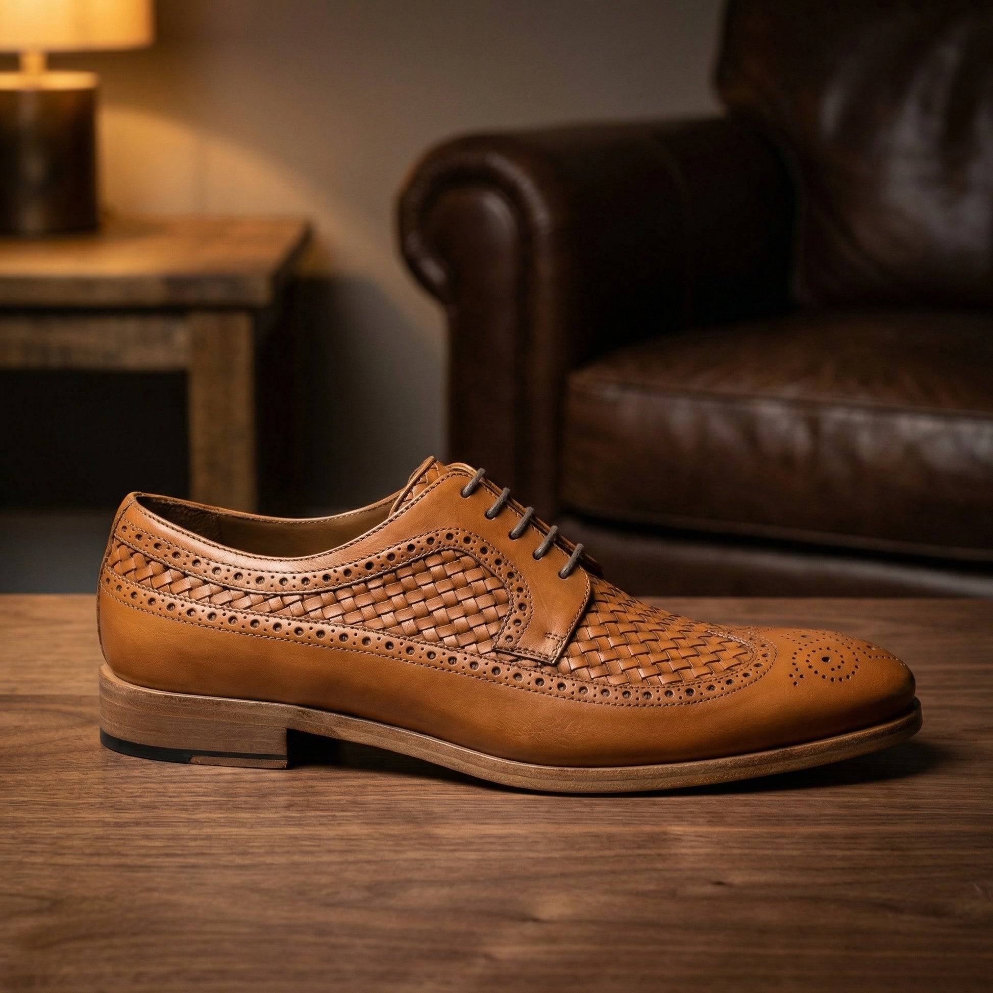 Tan Braided Leather Norwood Brogue Derby Shoes