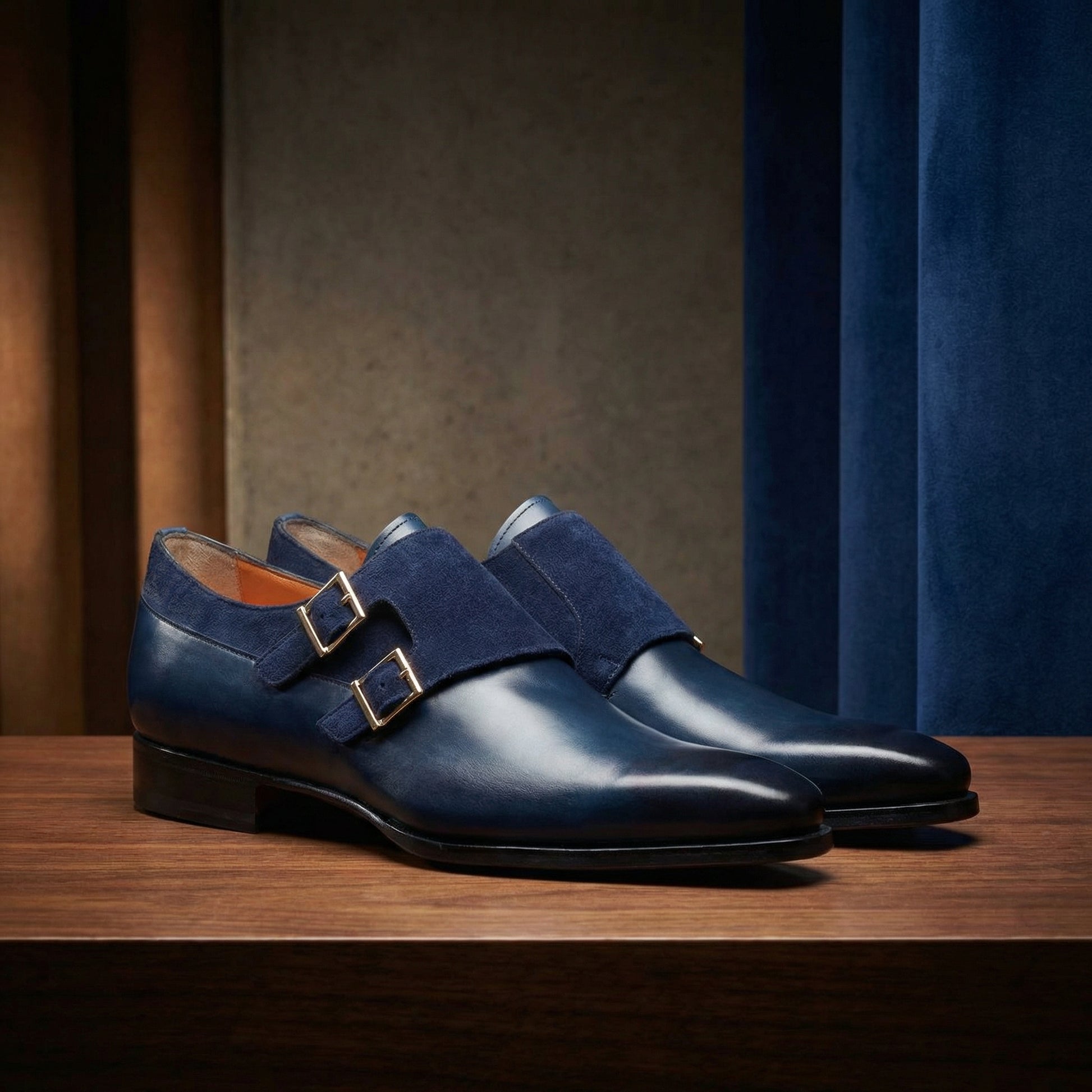 Height Increasing Navy Blue Leather & Suede Castle Monk Straps