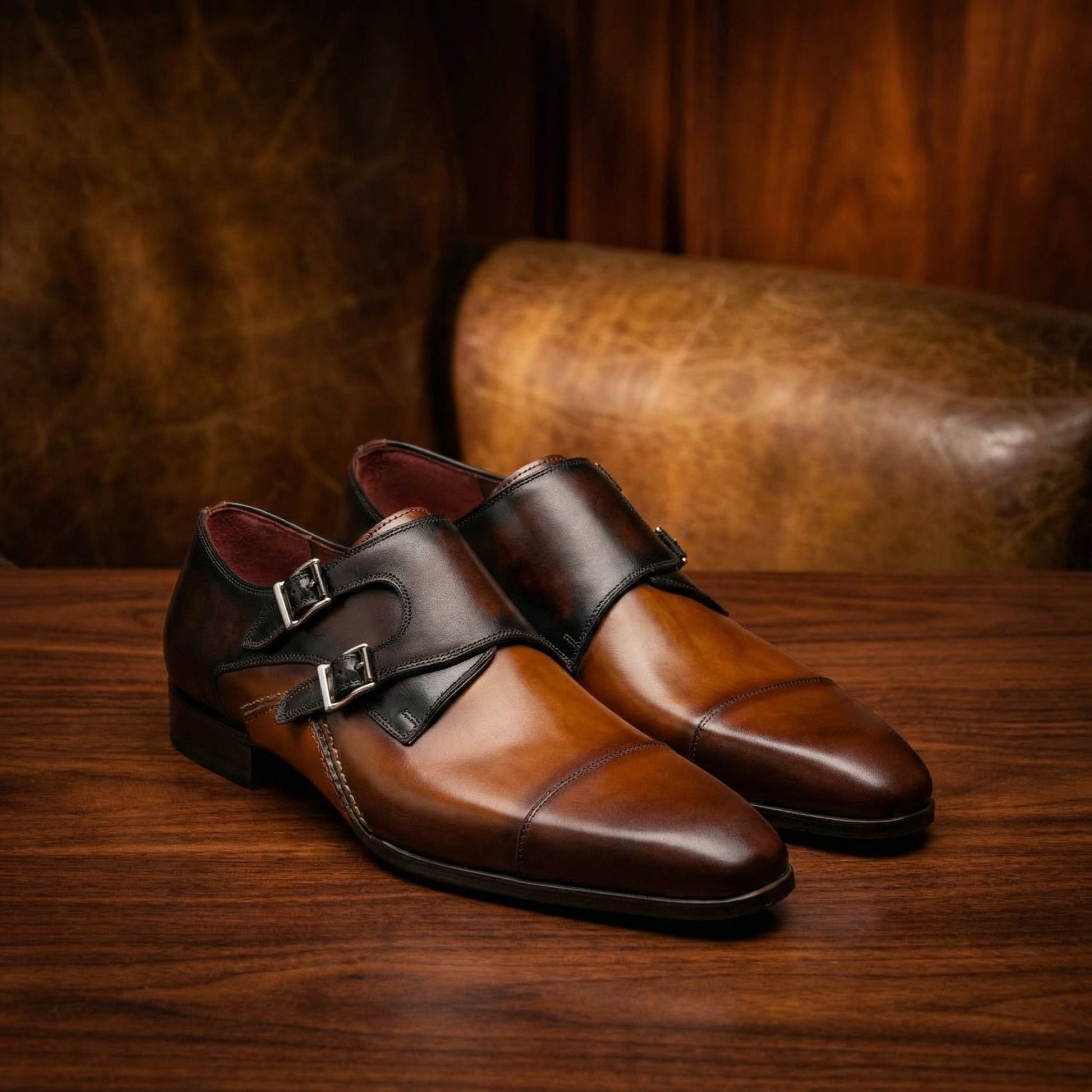 Tan & Brown Leather Cooma Monk Straps Shoes