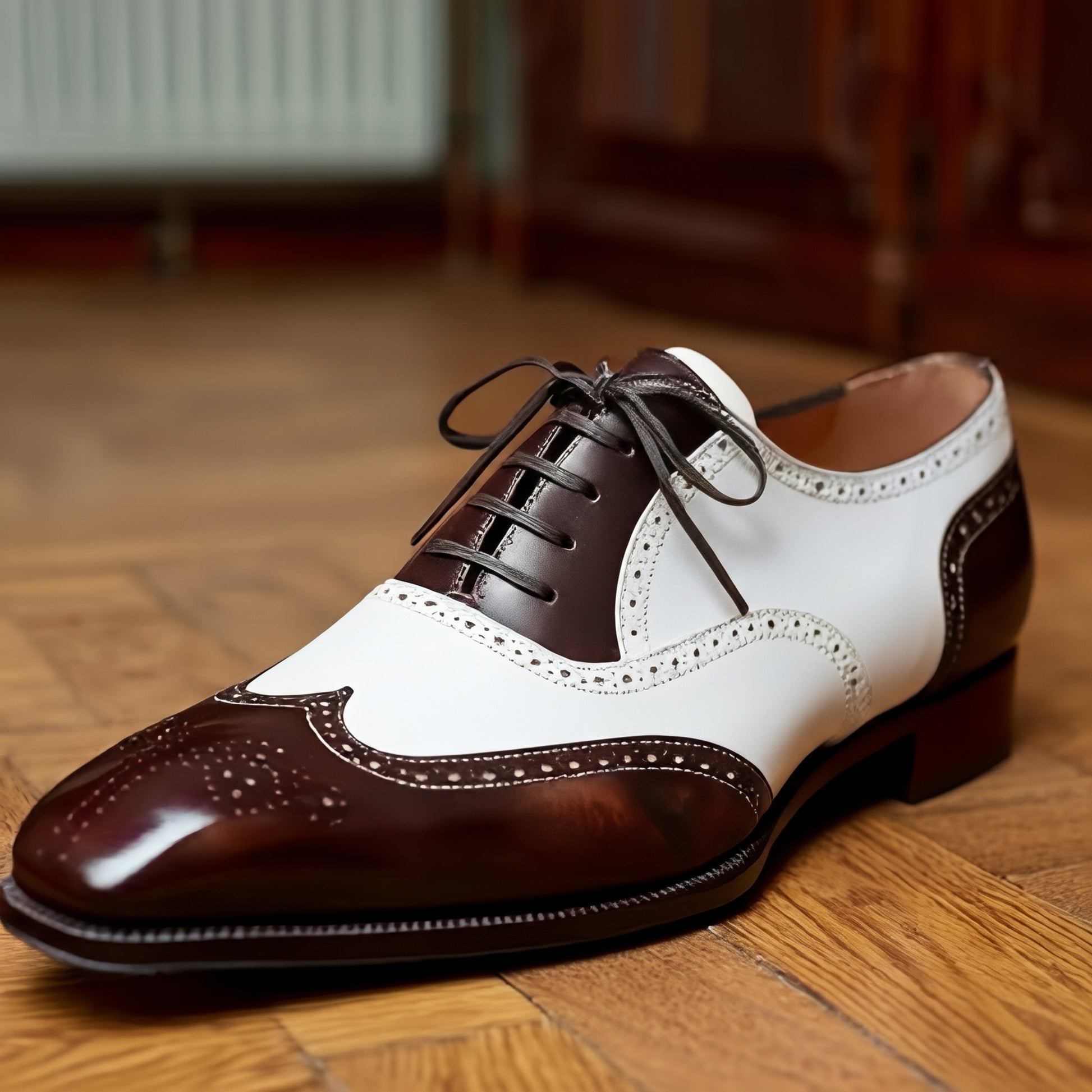 Height Increasing Brown and White Leather Evadne Brogue Wingtip Spectator Oxfords - Formal Shoes - Summer 2024 Collection