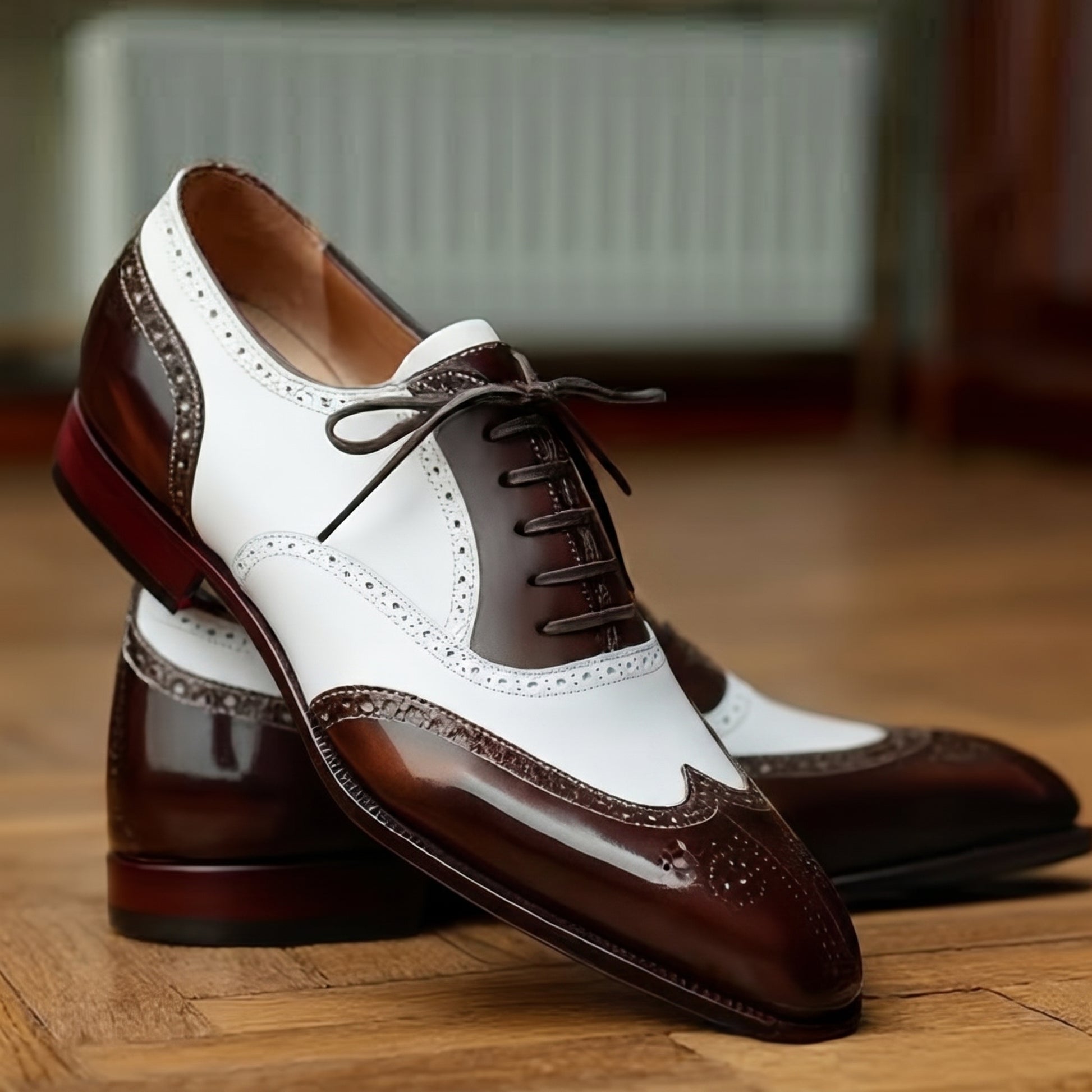 Brown and White Leather Evadne Brogue Wingtip Spectator Oxfords - Formal Shoes - Summer 2024 Collection