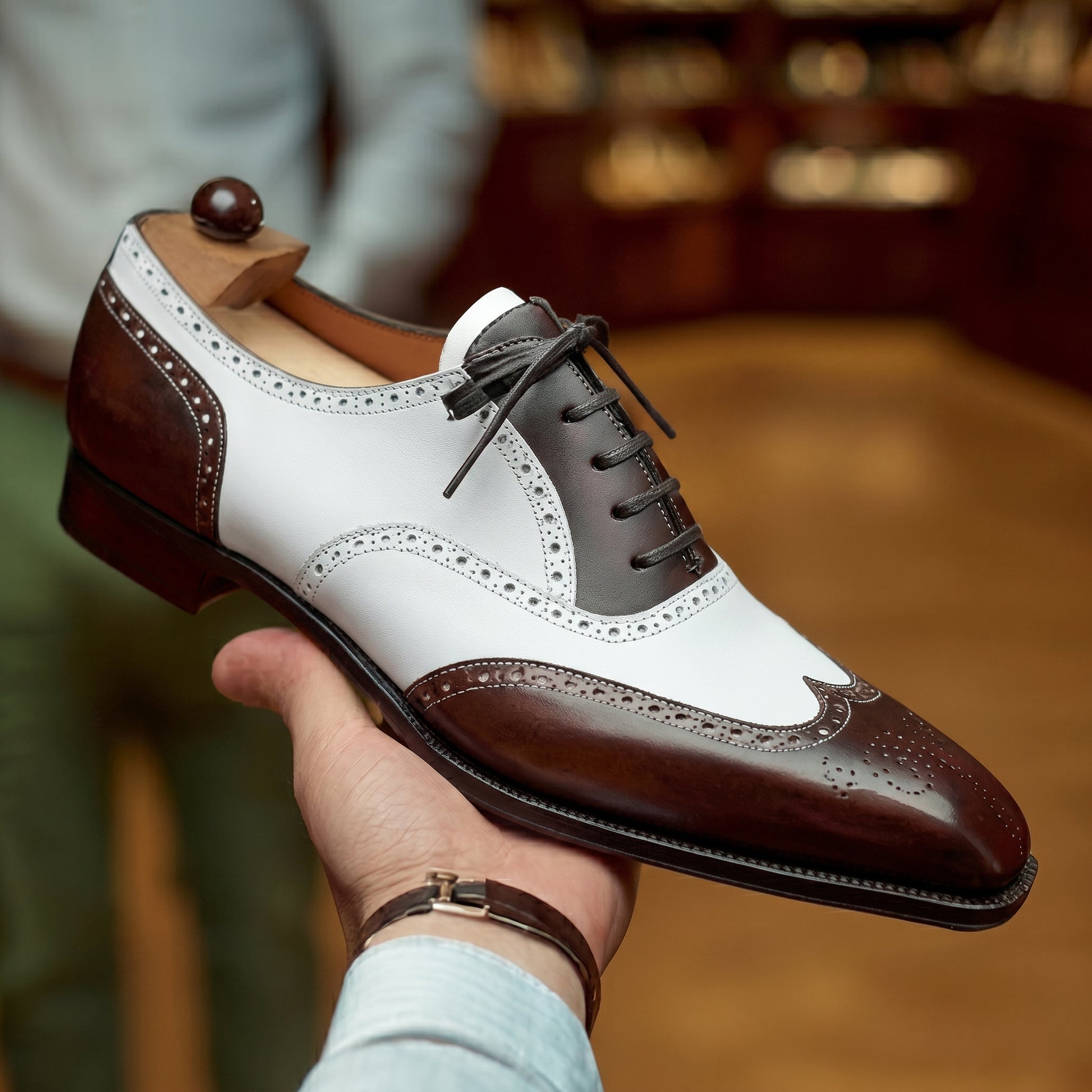Height Increasing Brown and White Leather Evadne Brogue Wingtip Spectator Oxfords - Formal Shoes - Summer 2024 Collection