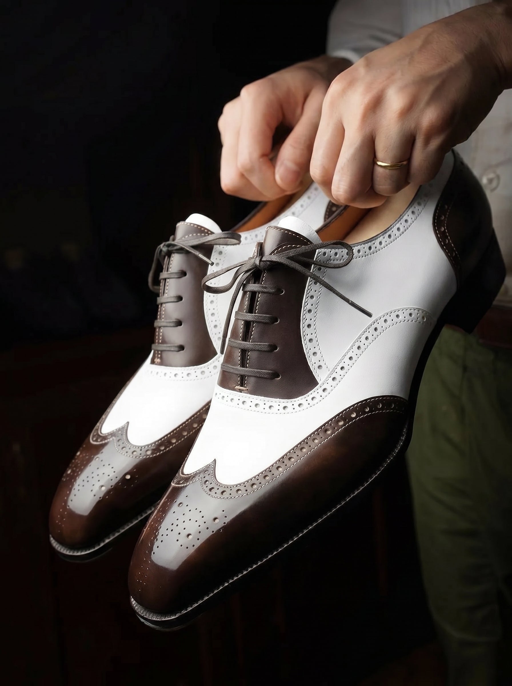 Brown and White Leather Evadne Brogue Wingtip Spectator Oxfords - Formal Shoes - Summer 2024 Collection