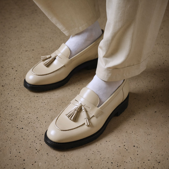 Cream Leather Belize Chunky Tassel Loafers - With Track Soles - AW24