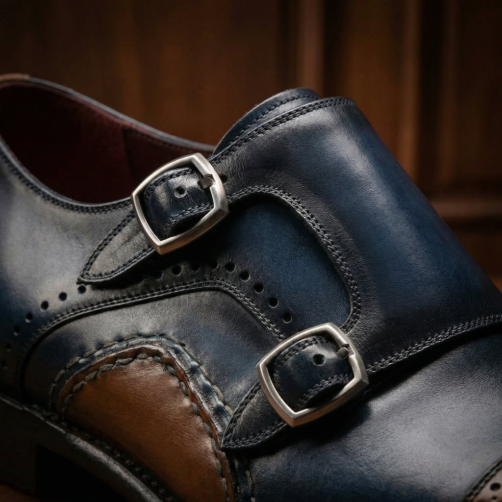 Height Increasing Navy Blue Leather Victoria Monk Strap Shoes