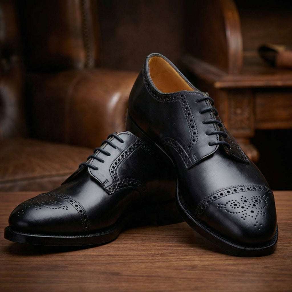 Black Leather Friars Brogue Derby Shoes