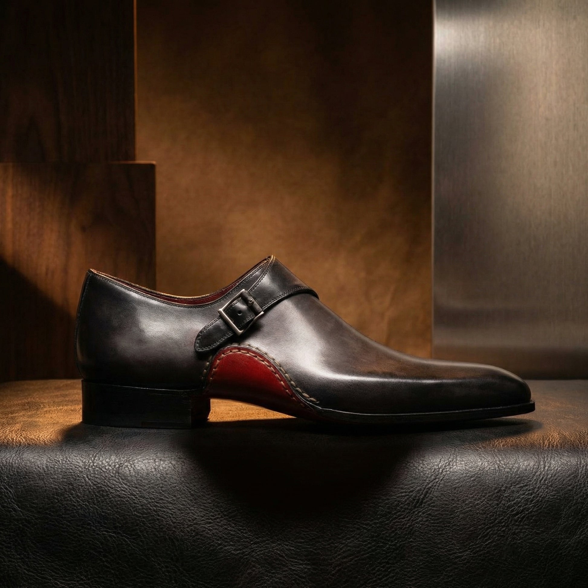 Height Increasing Black Leather Bathurst Monk Straps Shoes