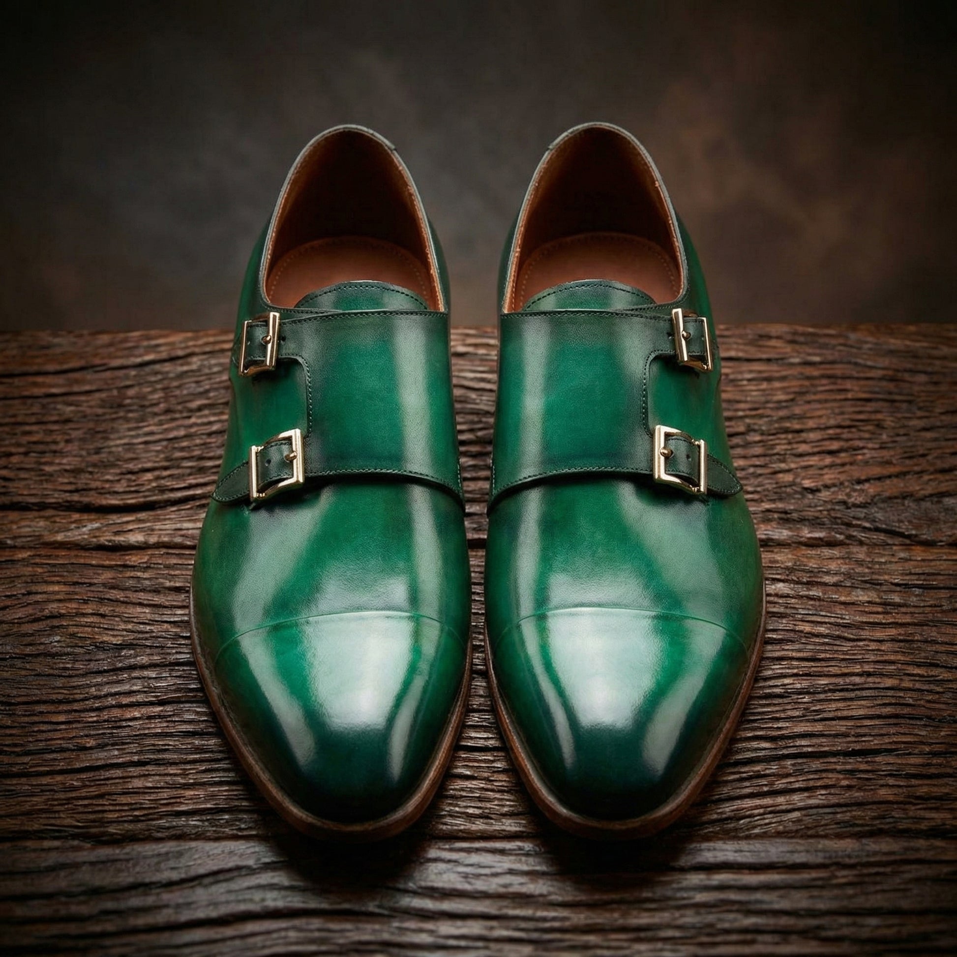 Height Increasing Green Leather Castle Monk Straps
