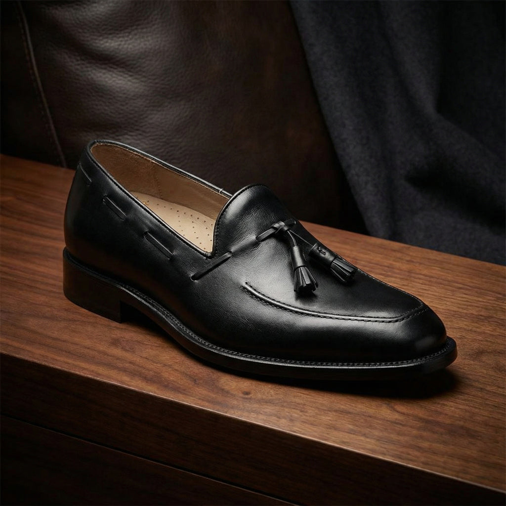 Height Increasing Black Leather Stanley Tassel Loafers