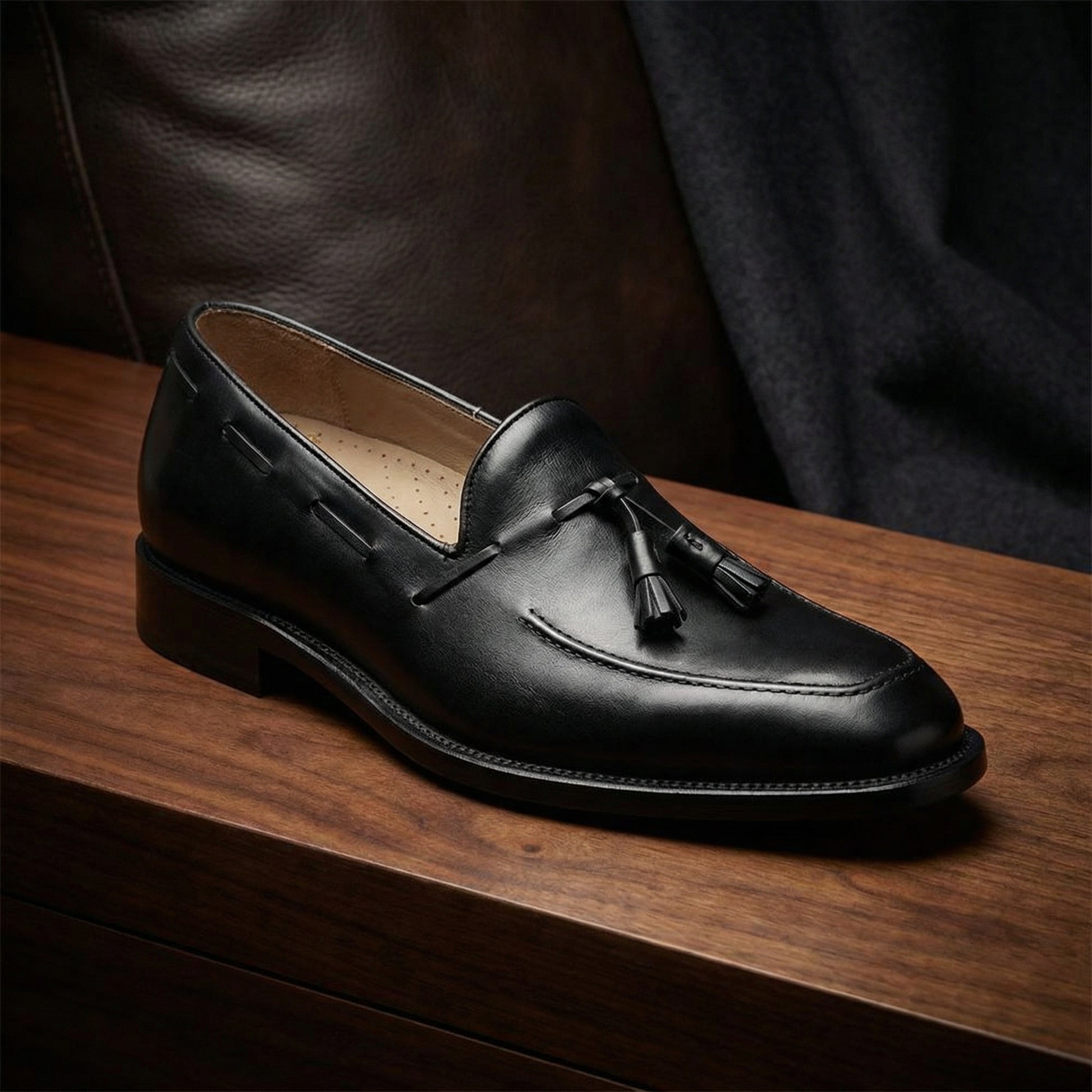 Height Increasing Black Leather Stanley Tassel Loafers