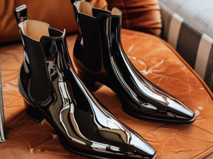 Height Increasing Black Patent Leather Lamenta Slip On Shinny Boots