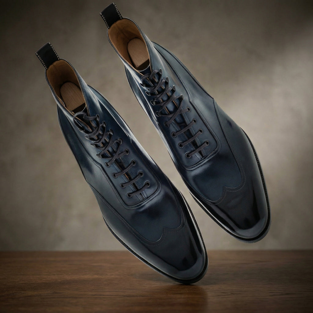Navy Blue Leather Hendon Lace Up Boots