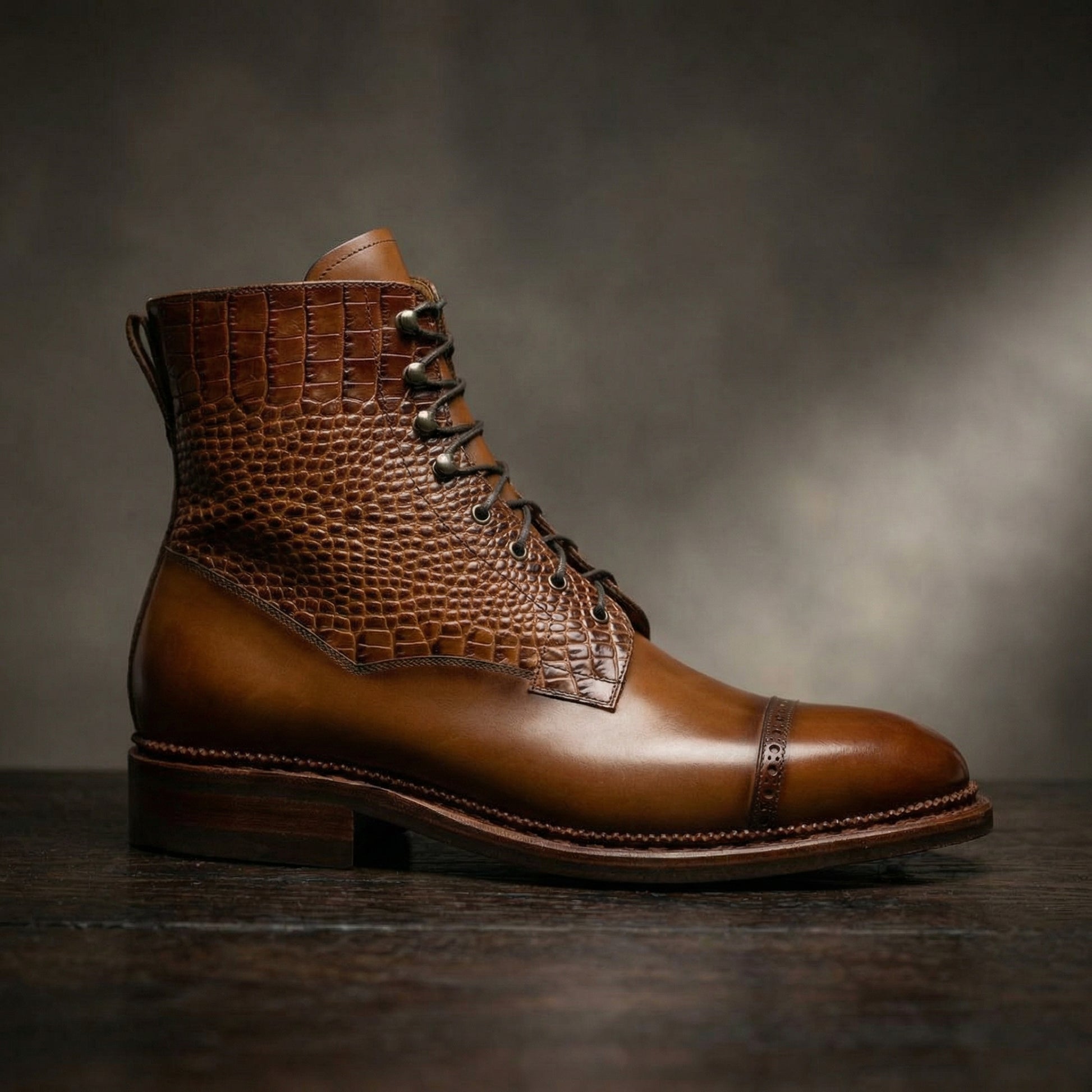 Tan Alligator Textured Leather Furzton Lace Up Boots