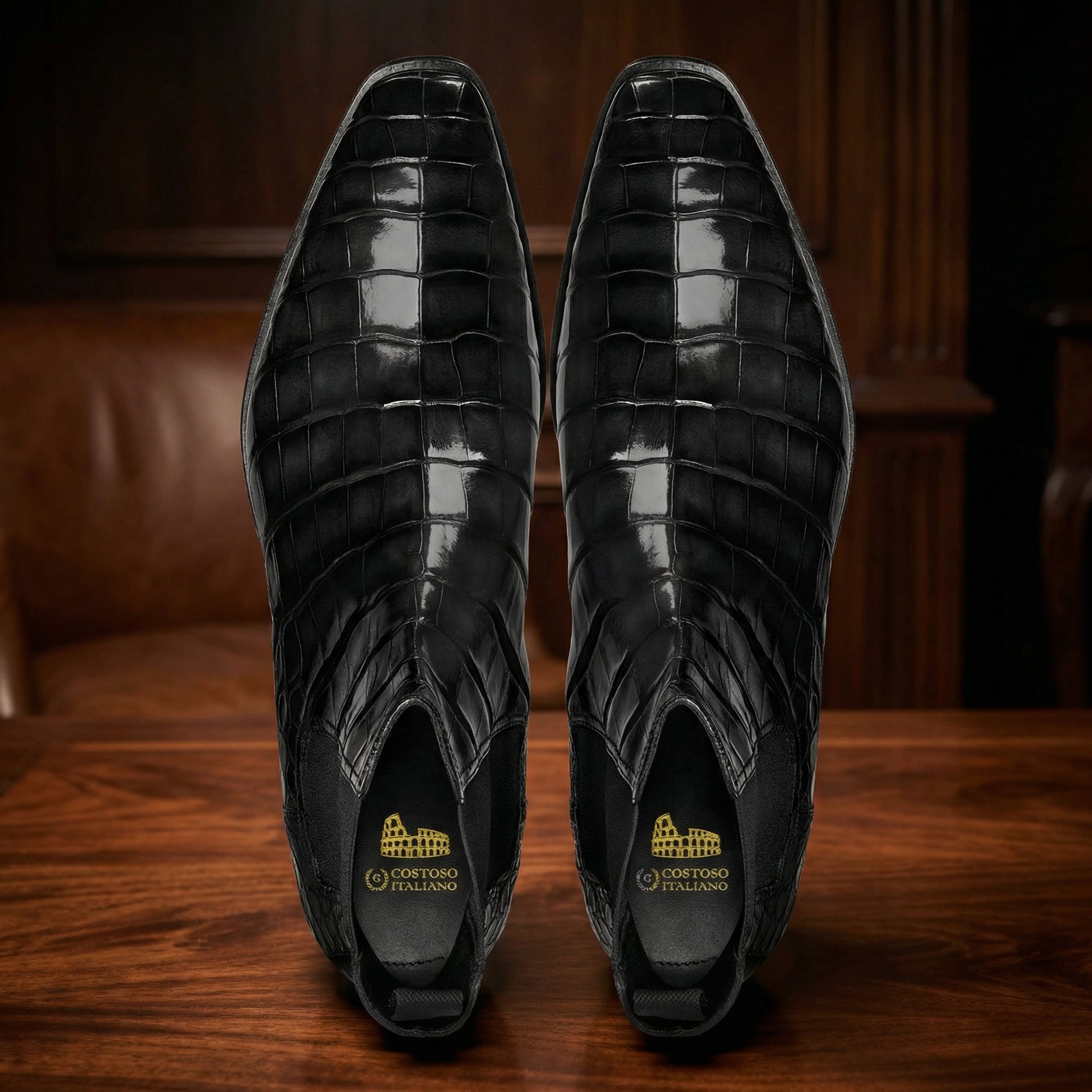 Black Alligator Textured Leather Evington Chelsea Slip On Boots