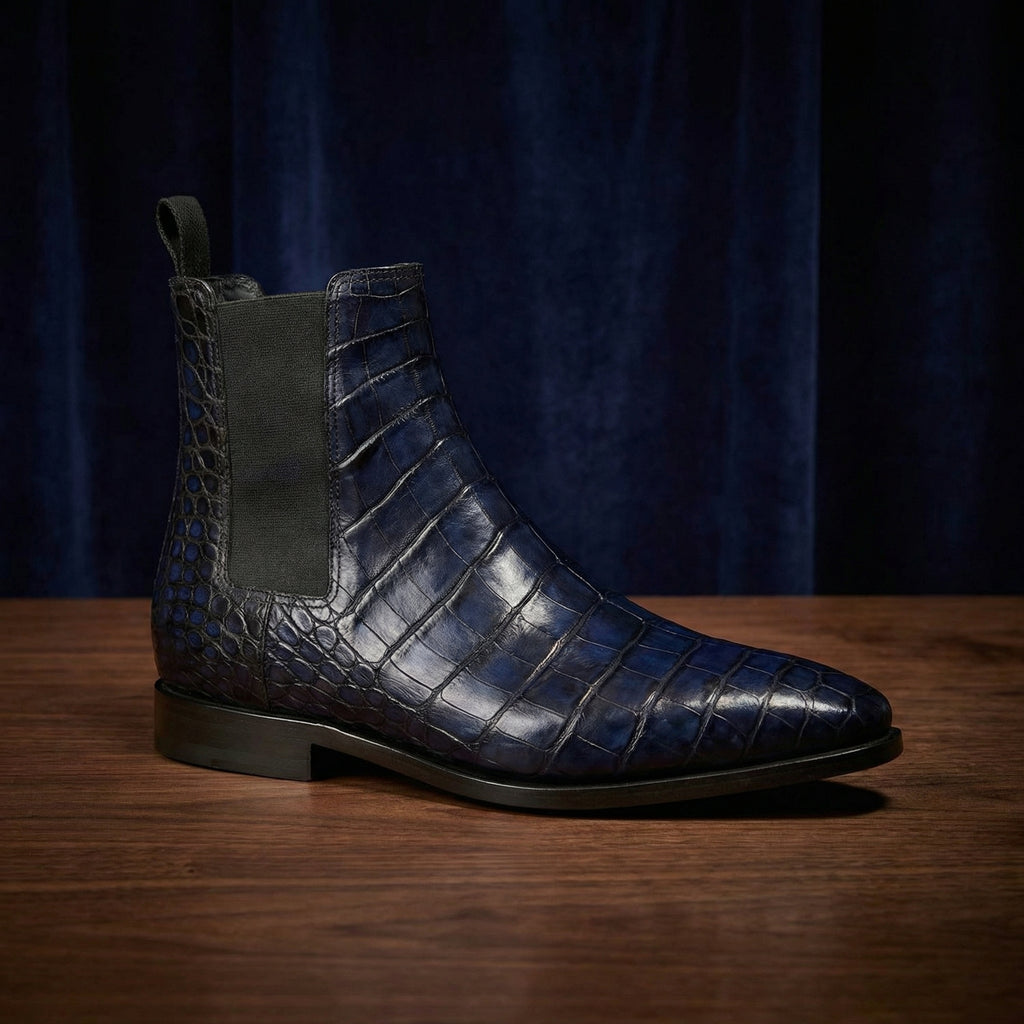 Navy Blue Alligator Textured Leather Evington Chelsea Slip On Boots