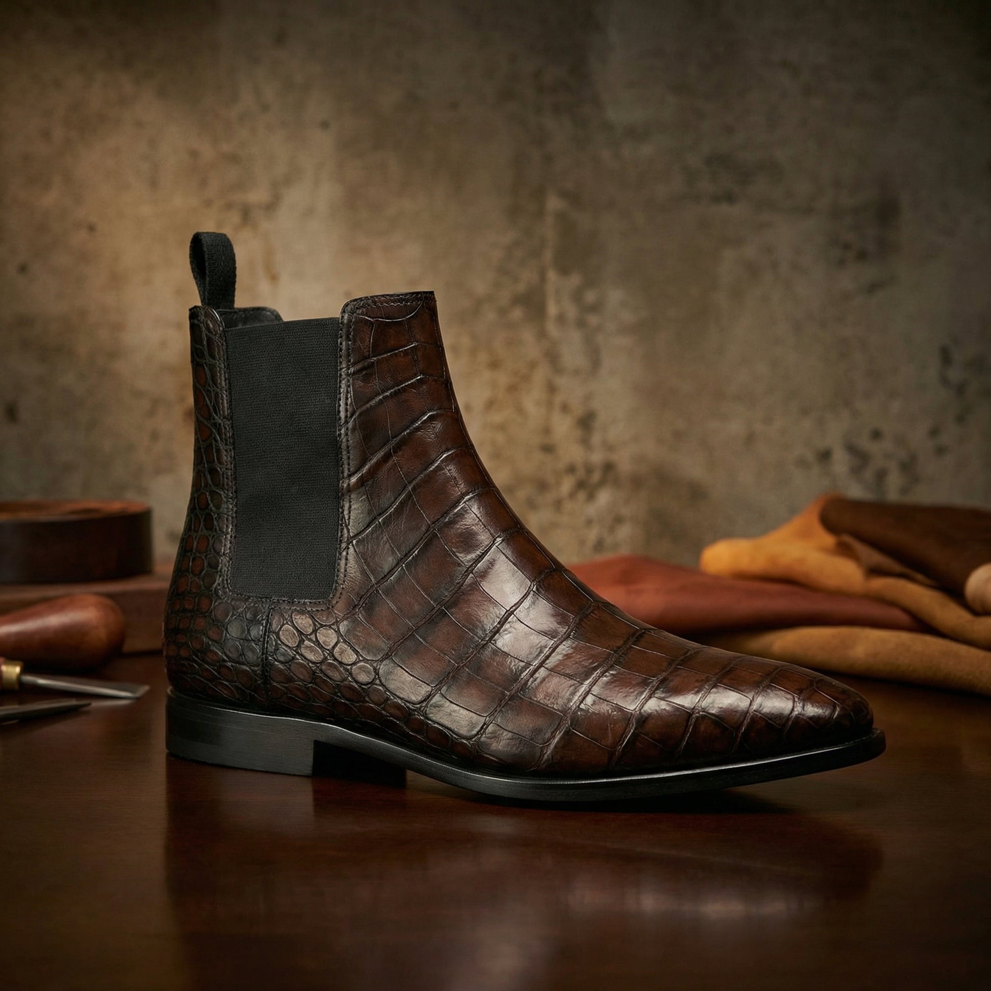Brown Alligator Textured Leather Evington Chelsea Slip On Boots