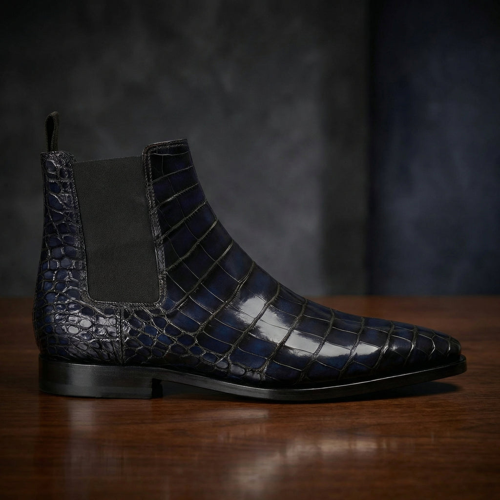Navy Blue Alligator Textured Leather Evington Chelsea Slip On Boots