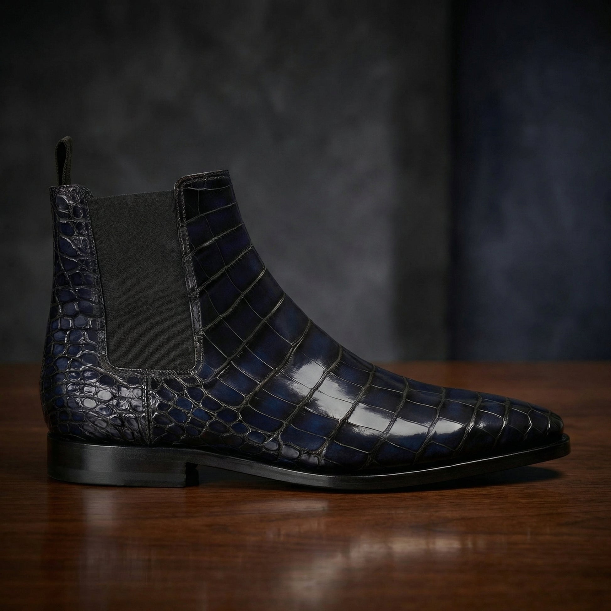 Navy Blue Alligator Textured Leather Evington Chelsea Slip On Boots