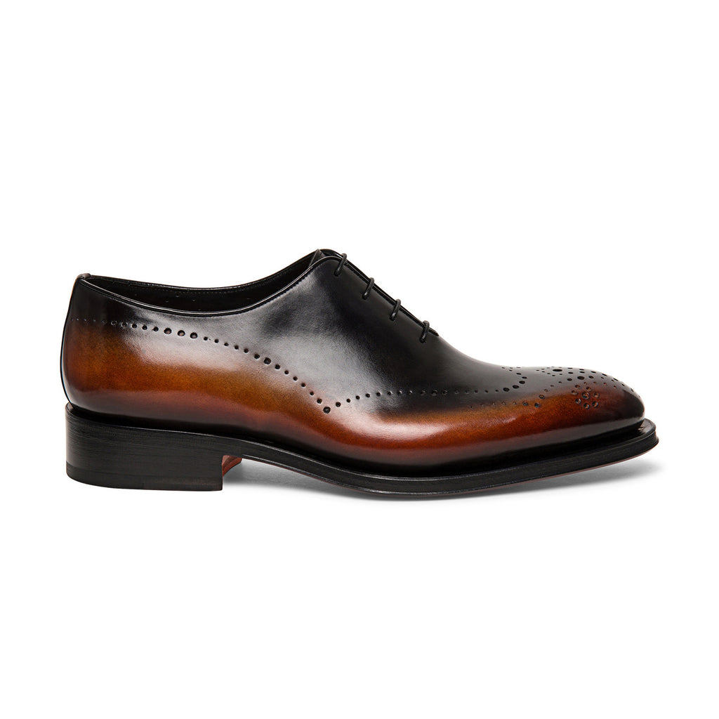 Black and Tan Leather Elliott Whole Cut Brogue Oxfords