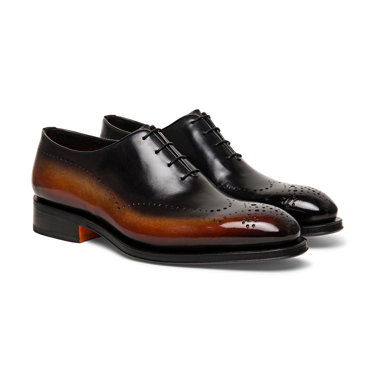 Black and Tan Leather Elliott Whole Cut Brogue Oxfords