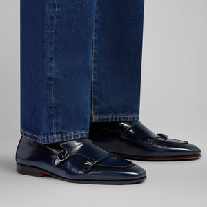 Blue Leather Illusione Buckle Monk Strap Shoe