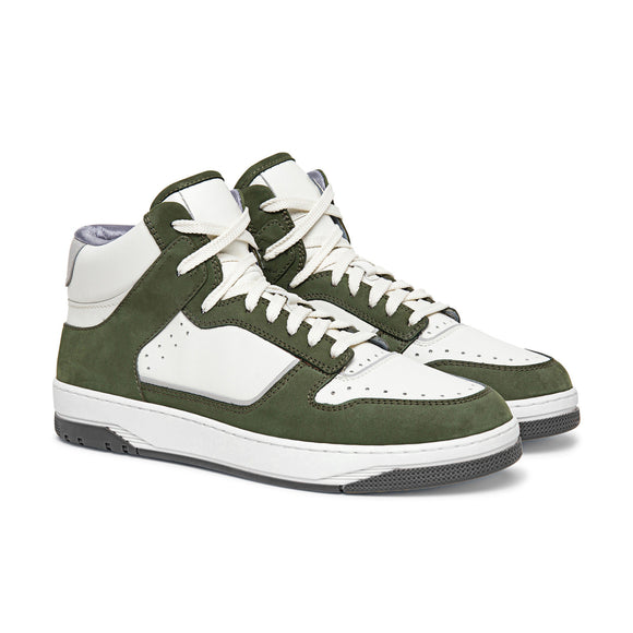 White Leather and Green Suede Hayden Lace Up High Top Sneakers 