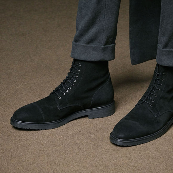 Black Suede Leather Likech Lace Up Combat Boots -AW24