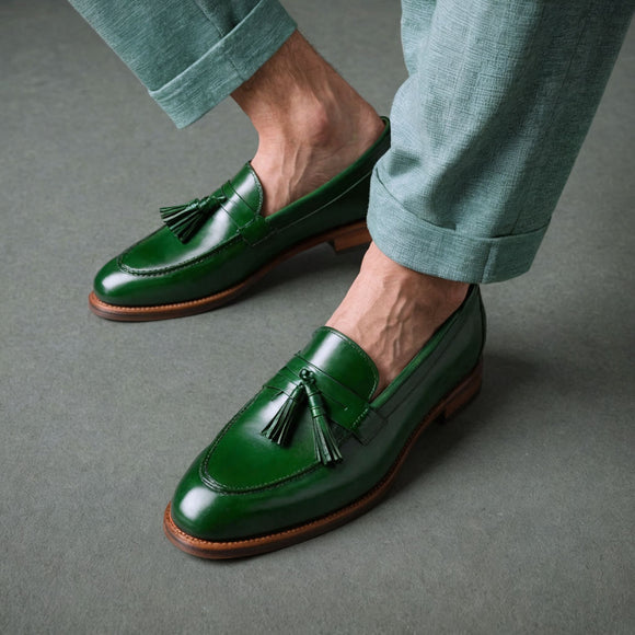 Green Leather Belize Chunky Tassel Loafers - With Track Soles - AW24