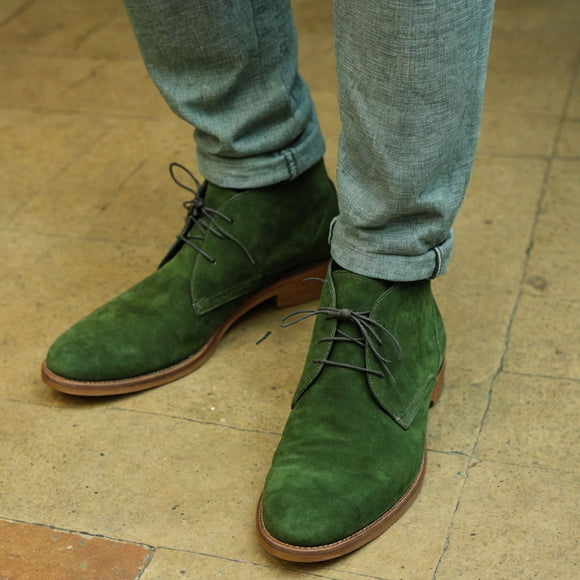 Green Suede Sahara Step Chukka Desert Boots with Leather Sole - Summer 2024 Collection