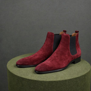 Burgundy Suede Leather Lucca Slip On Chelsea Boots - AW24