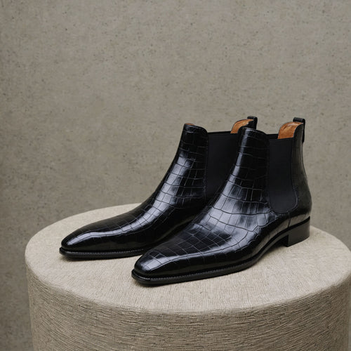 Black Croc Print Leather Lucca Slip On Chelsea Boots - AW24