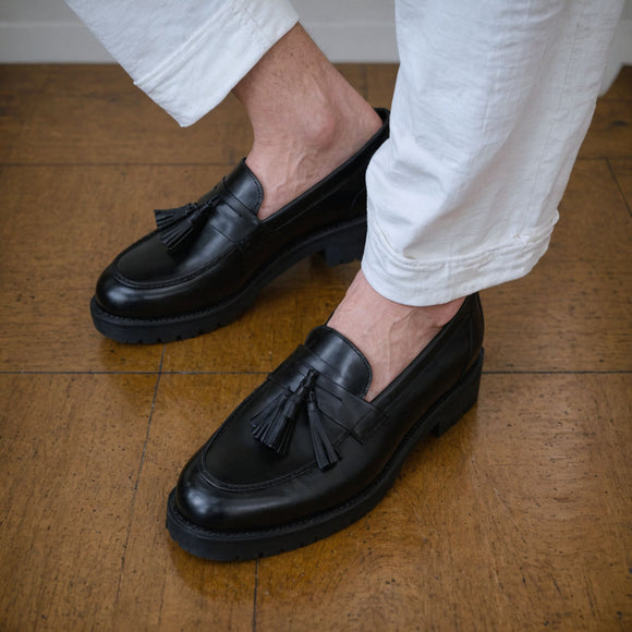 Black Leather Belize Chunky Tassel Loafers - With Track Soles - AW24